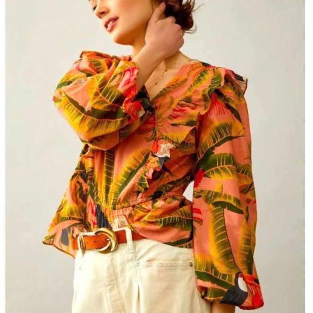Farm Rio Anthropologie Yasmine Toucan Ruffled Blouse